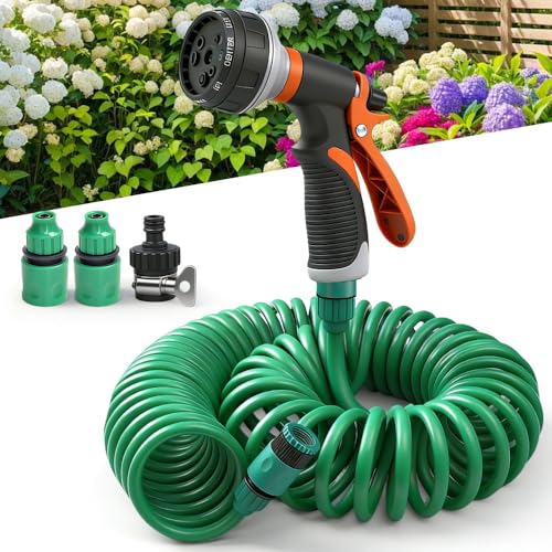Weciau Spiralschlauch Wasser 15M Gartenschlauch Flexibel mit 8 Funktions Brause Schlauchverbinder Handbrause Wasserschlauch Flexischlauch für Autowäsche Haustierdusche Gartenbewässerung Grün