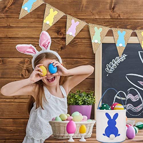 Yuboa Bunny Basket Canvas Bags and Easter Burlap Banner,2 Pcs Bunny burlap banner +3 Pcs Rabbit Hunt Bags Easter Egg Basket Bucket Tote Gift Candy Stuffer For Kids Toddlers Boys Girls.