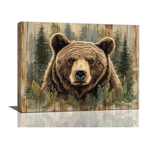Farmhouse Bear Wall Art Rustic Forest Pictures Decor Woodland Wildlife Painting Canvas Print Modern Home Decoration Artwork for Living Room Bathroom Bedroom Office Framed 16"x12" Cover