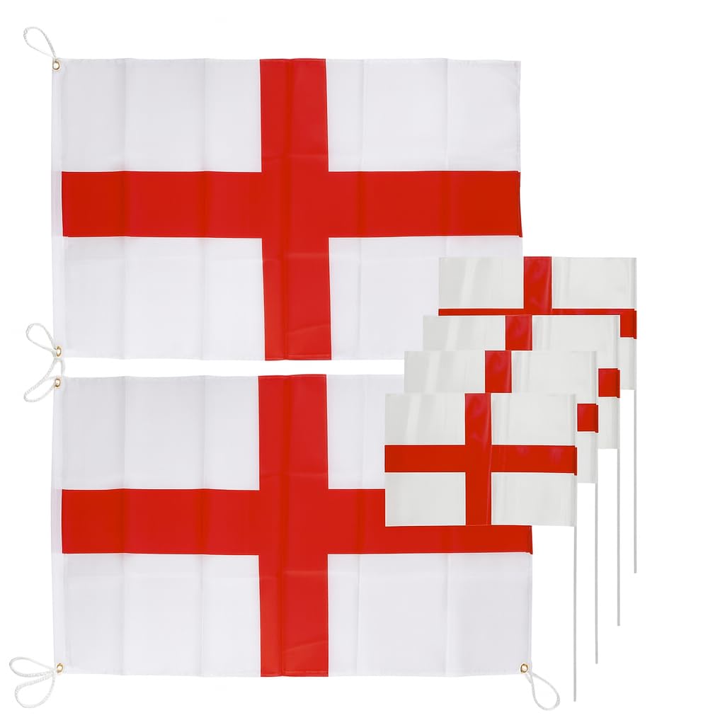 England Football Decorations World Cup 2026 X2 St George England Flags with String 76cm x 50cm PLUS x4 Hand Flags with Sticks 12” x 8”