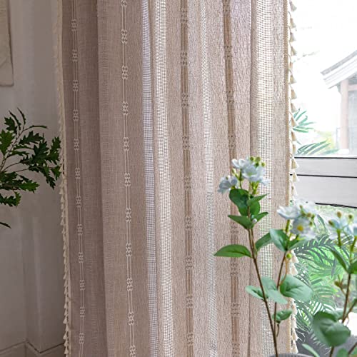 Linen Curtains 84 Inches Long Embroidery Striped Farmhouse Curtains For Living Room Tassel Boho Curtains For Bedroom Light Filtering Curtains 2 Panels Set Rod Pocket Drapes (52" W X 84" L,Khaki) #TOP1