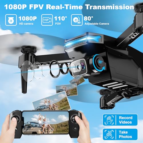Drone with 1080P Camera - Foldable Remote Control Quadcopter with Voice Gesture Control, 3D Flip, One Key Start, Emergency Stop, 2 Batteries, Easier to use, Toy for Adults Beginners, Black - Image 4