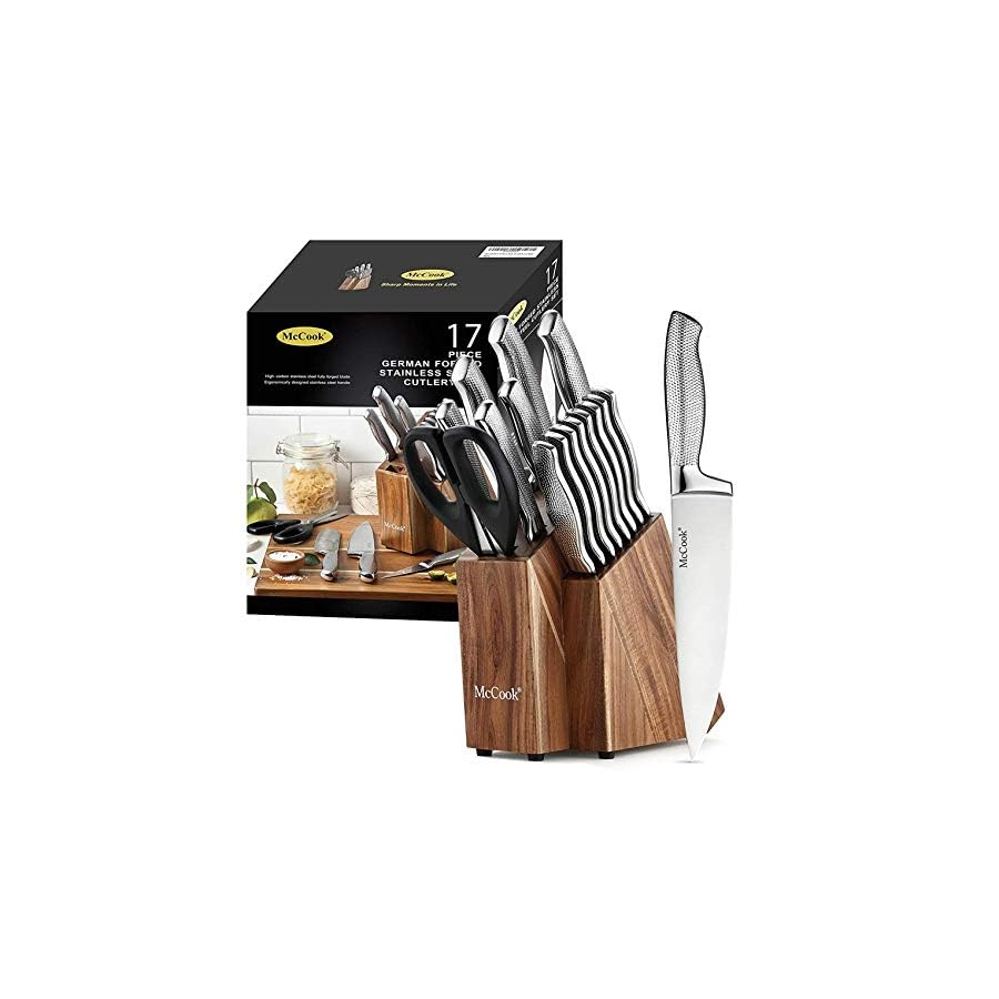McCook® Premium Knife Sets,Full Tang Hammered German Stainless Steel Kitchen Knife Set with 8 Pieces Steak Knives and Acacia Block