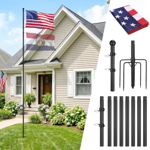 12.5FT Flag Pole for Outside House with 3x5 American Flag - In-Ground Tangle Free Flagpoles Kit with 5 Prong Base 4 Rotating Rings Fits 2 Flags for Yard Lawn Garden