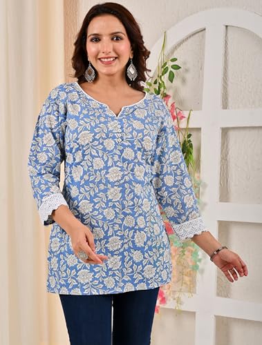 Image of MAHIRA'S Women's Short Kurti, Black Rayon Tunic Top with Embroidered Sleeves, 3 /4 Designer Sleeves