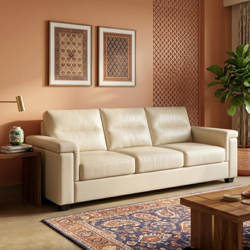 Image of FURNY Parker 3 Seater Fabric Sofa Set with Leatherette Finish | Durable Comfort | Ideal for Living Room | Modern Design (Cream Leatherette)