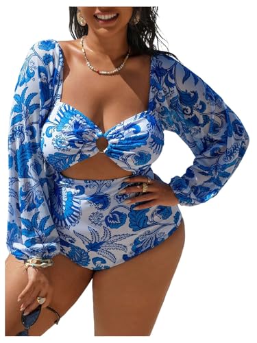 Floerns Womens Plus Size Boho One Piece Swimsuit Cut Out Monokini Vacation Bathing Suit Blue 3X-Large Plus