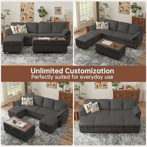 Image of Convertible Sectional Sofa with Storage Ottomans & Long Bench /Coffee Table, Modern Corduroy, U-Shaped Couch with Double Chaise, 4 Seat Sofa Set Couches for Living Room, Apartment, Dark Grey