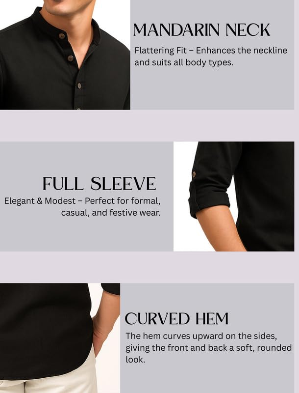 Image of DEEMOON Men's Cotton Blend Solid Regular Fit Full Sleeve Short Kurta | Men's Trendy Short Kurta