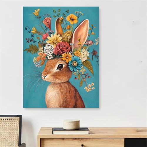 Peinture par Numero Adulte Lapin avec Cadre 60x90cm Fleurs Toile