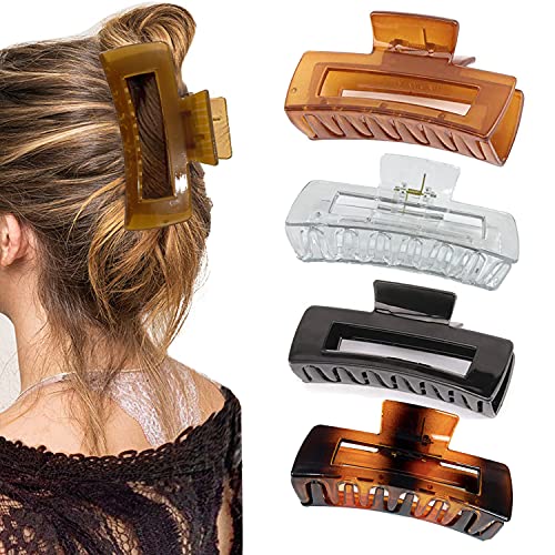 4PCS Large Hair Claw Clips, Hair Clips for Thick Hair Banana Non-slip Hair Clip Rectangular Jaw Clips Big Leopard Hair Clips for Women and Girls