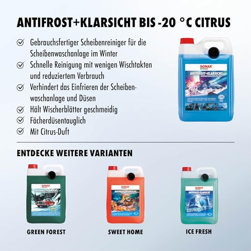 SONAX AntiFrost+KlarSicht Gebrauchsfertig bis -20° C (5 Liter) schneller, schlierenfreier & effektiver Scheibenreiniger für den Winter | Art-Nr. 03325000