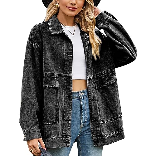 Veste en jean surdimensionnée à grandes poches et col rabattu style rétro S