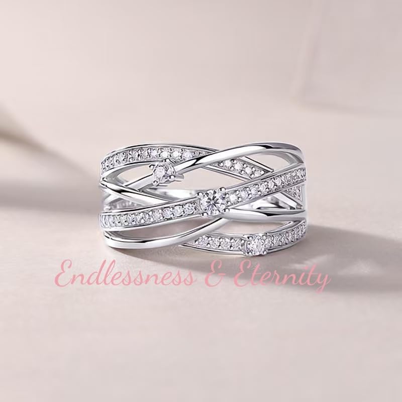 ENDLESSNESS & ETERNITY Crisscrossed Half Eternity Multi-layer CZ Diamond Wedding Band Ring 14K Gold Plated Stackable Anniversary Ring - Image 5