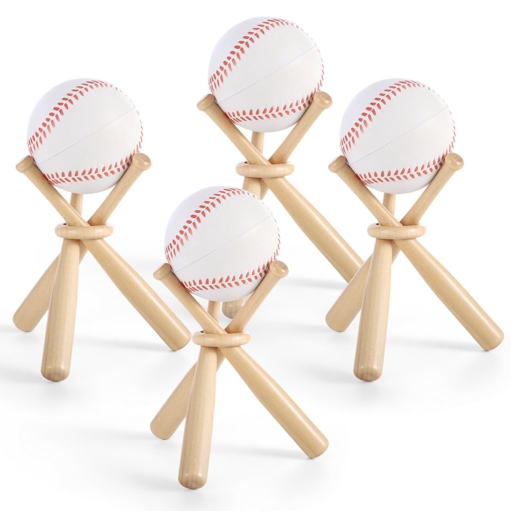 Generisch Zestaw 4 mini stojaków na kije baseballowe z drewna, zawiera 12 mini kijów baseballowych i 4 drewniane pierścienie, urocze uchwyty na wyświetlacz do softballu i baseballu, do użytku domowego