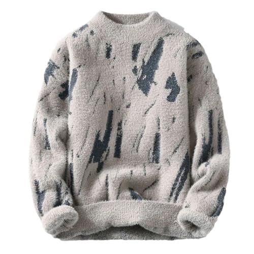 ERFMFKL Men Casual Round Neck Sweaters Oversized Graphic Knitted Jumper Thick Long Sleeves Top