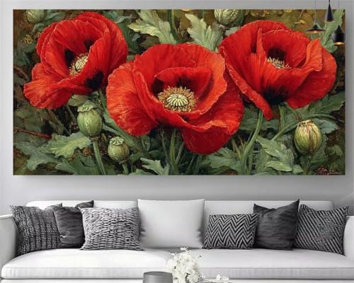 Diamond painting adulte grand format 60x120 cm avec broderie pavot rouge pour salon chaleureux