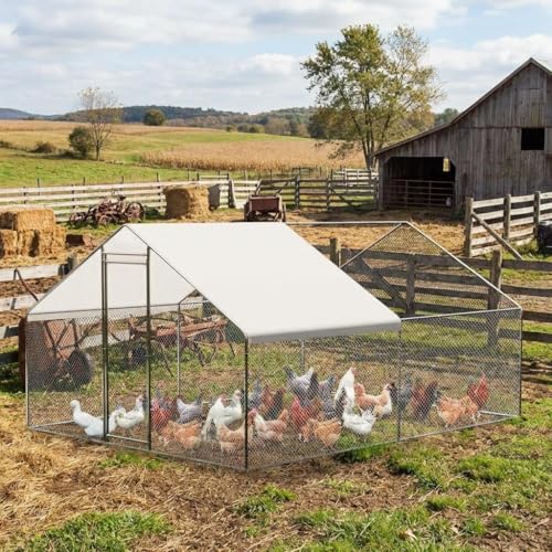 Large Metal Chicken Coop, Large Chicken Run, Walk-in Poultry Cage with Waterproof and Anti-Ultraviolet Cover for Outdoor Yard Farm Use (9.8' L x 13.1'