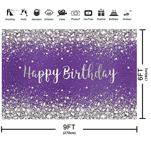 Aperturee 9x6ft Glitter Purple Diamonds Happy Birthday Backdrop Shinning Silver Bokeh Dots Women Girls Photography Background Sweet 16 Party Decorations Cake Table Banner Supplies Photo Booth Studio - image 3