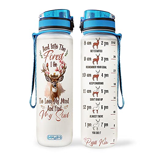 64HYDRO 32oz 1Liter Motivational Water Bottle with Time Marker, Forest Deer, Gift for Deer Lovers, Deer Inspiration - THZ1609029