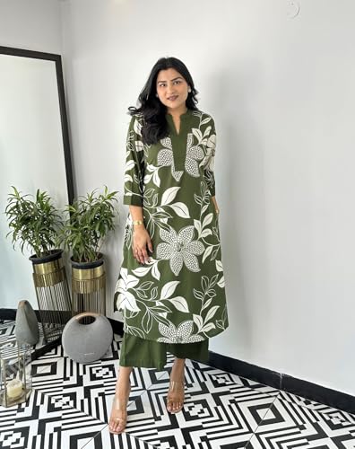 Image of LookMark Women's Floral Printed Cotton Blend 3 /4th Sleeve Knee Length V-Neck Kurta and Palazzo Set for Women