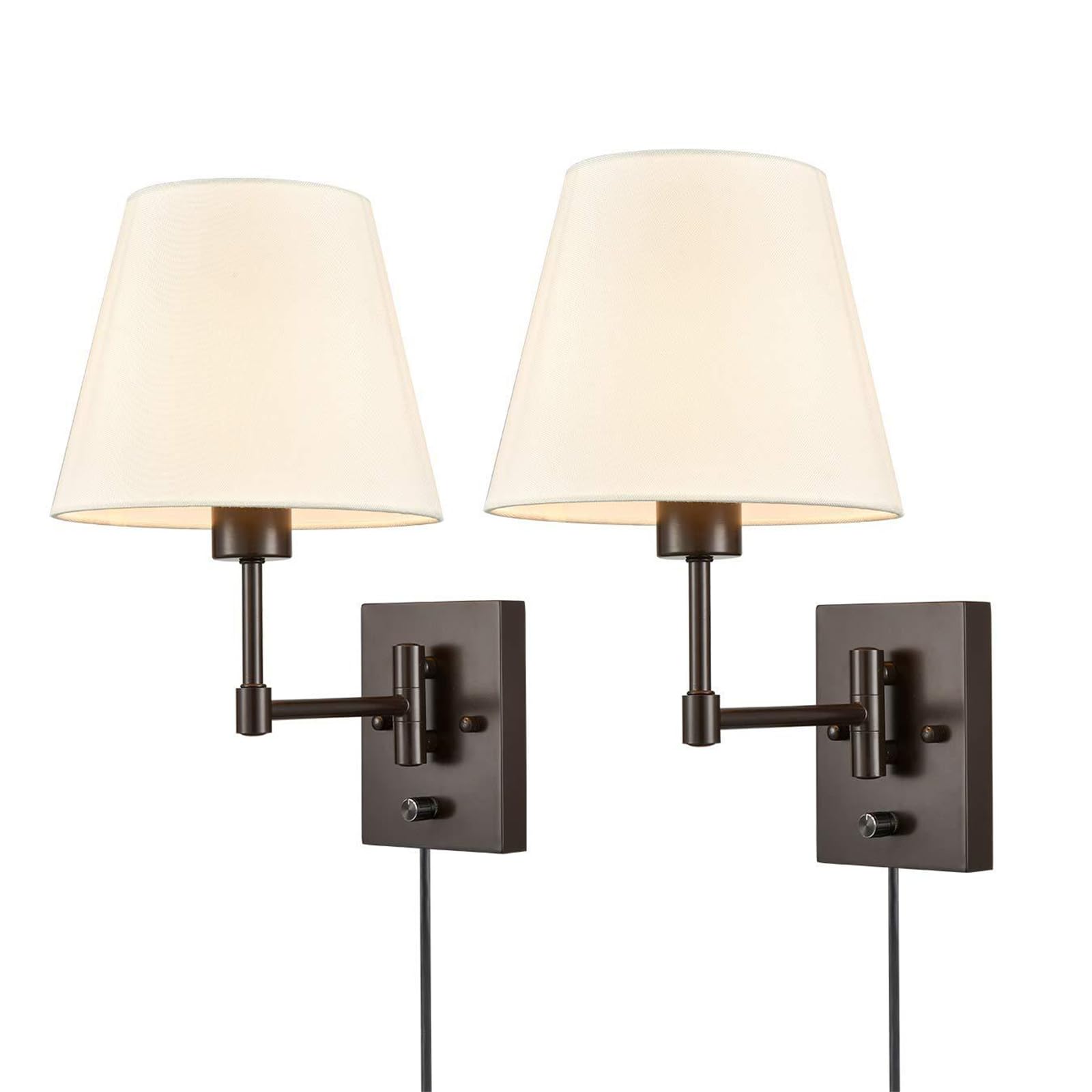 GZZBMY 2 Piezas Lámpara de pared con Cable Enchufe e Interruptor Aplique de Pared con Brazo Articulado Negro Pantalla Blanca de Tela Casquillo E27 Lectura Dormitorio Noche Hotel (A)