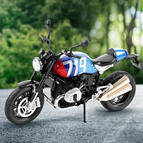 Image of 1:12 Scale BMW R NineT Die-Cast Bike Model with Light & Sound - Pull Back Toy Motorcycle for Kids & Collectors Blue