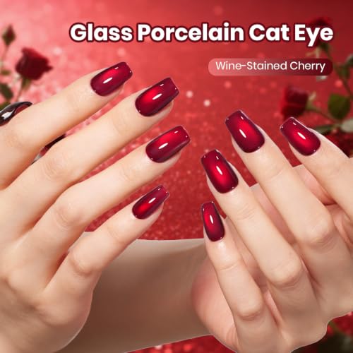 Image of Beetles Red Cat Eye Gel Nail Polish - Wine-Stained Cherry 15ML Magnetic Gel Polish 2 Cat Eye Effects White Glow & Ruby Glow Soak Off UV Glass Cat Eye Gel for Nail Art Salon DIY at Home