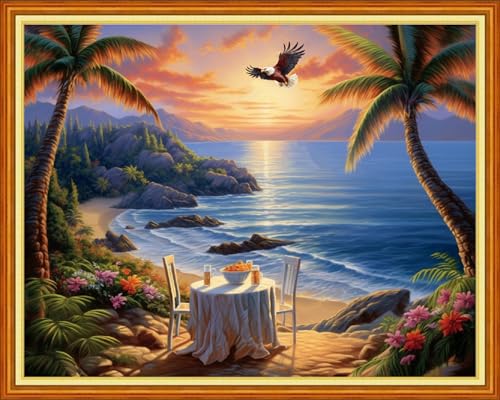 Image of Foxdiviy Stamped Cross Stitch Kits Full Range of Embroidery Needlework Starter Kits for Beginners Adults 11CT Embroidery Patterns Art Crafts DIY Needlepoint Kits-Drinking tea by the seaside 16x20 inch