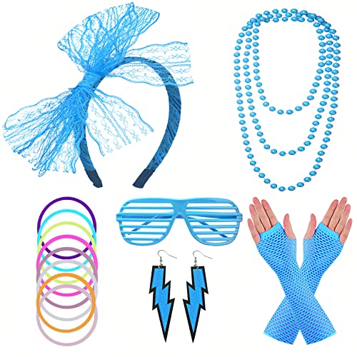 FACATH 80s Neon Necklaces Bracelets Fishnet Gloves Lace Bow Headband Neon Earrings 1980s Fancy Dress Accessories Green Party Costume for Women Girls Ladies (Blue)