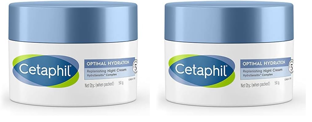 Cetaphil Optimal Hydration Replenishing Night Cream 50g | Lightweight & Fast Absorption | Hyaluronic Acid, Blue Daisy Extract, Niacinamide (Pack of 2)