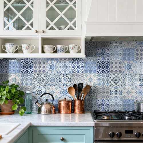 Azulejos Adhesivos Cocina Retro Azul Bohemio Azulejos Adhesivos Baño Impermeables Baldosas Adhesivas Pared para Gabinete Muebles Decoración Vinilo Adhesivo Pared Cocina 10x10cm /24 Piezas