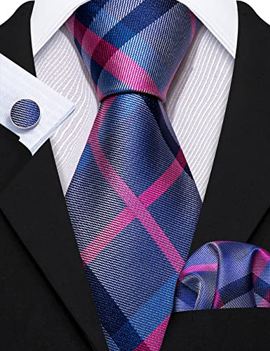 Image of Barry.Wang Plaid Ties Check Mens Necktie Set with Handkerchief Cufflinks Classic Stripe