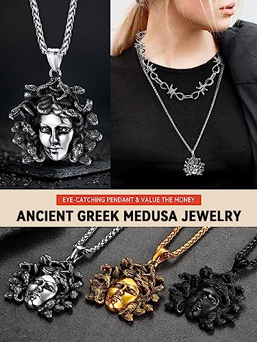 FaithHeart Greek Poseidon/Medusa Pendant Necklace for Men Women, Silver/Black/Gold Stainless Steel Ancient Greece Protection Necklace Mens Amulet Jewelry3