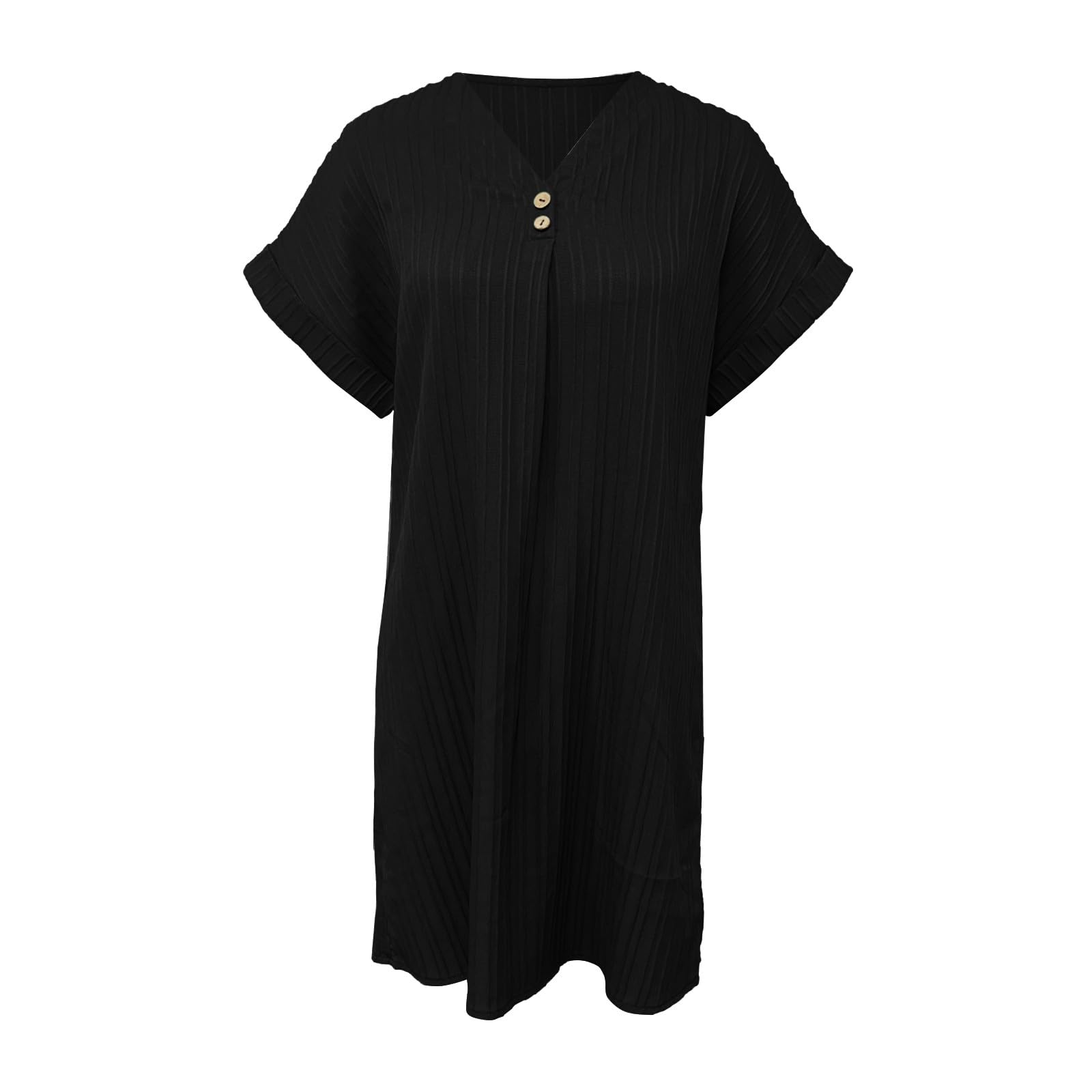 Générique Robe Lin Coton Femme Ete Chic Elegant Tunique Robe Manches Courtes Ample Casuel Couleur Unie Robes avec Boutons Col V Robes De Plage Grandes Tailles Dress pour FêTe Vacances S-4XL