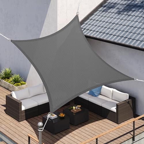SONGMICS Sonnensegel 3 x 5 m, Sonnenschutz aus HDPE-Gewebe, luftdurchlässig, wasserdurchlässig, für Terrasse, Garten, Balkon, Camping, rechteckig, konkav, 2 m Seile, rauchgrau GSS35GY 1