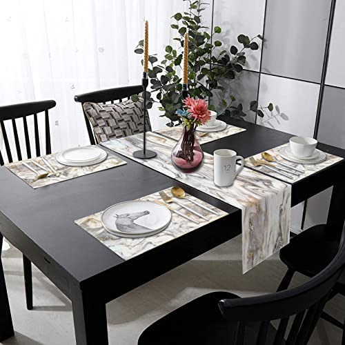 Marble Table Runner And Placemats Set Of 6, Marble Grey Black Brown White Stone Abstract Modern Art Dining Table Decor For Daily Use(1 Table Runner 72 Inches Long And 6 Placemats) #TOP7