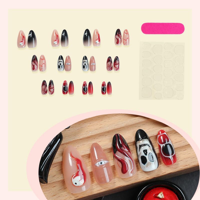 Halloween Press on Nails Skull Blood Eyes Design - 24PCS Set