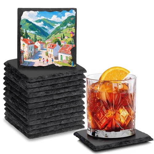 Exquilnova 12 Stück Schiefer Untersetzer Gläser 10x10 cm Glasuntersetzer Quadrat Schiefer-Getränkeuntersetzer Lasergravierte Blanko-Untersetzer für Tassen Getränke Bar Glas Kerzen Tischdeko