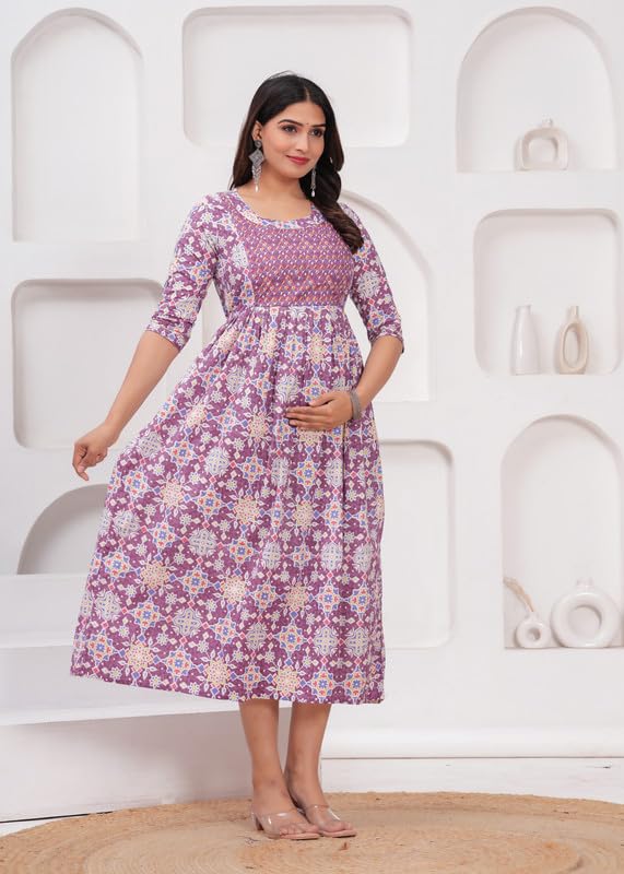 Image of JAIPURFAME Maternity Feeding Kurti with Zipper | Cotton Floral Printed Pregnancy & Nursing Dress | Comfortable & Stylish Maternity Wear for Women | Breastfeeding Kurta with Zipper | Soft & Elegant