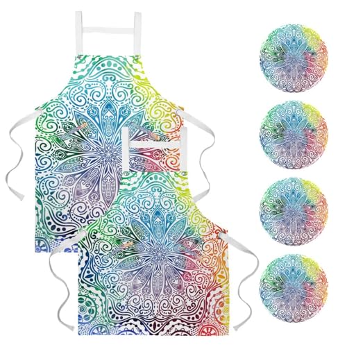 Tablier de cuisine mandala floral coloré lot de 2 avec 4 broches incluses