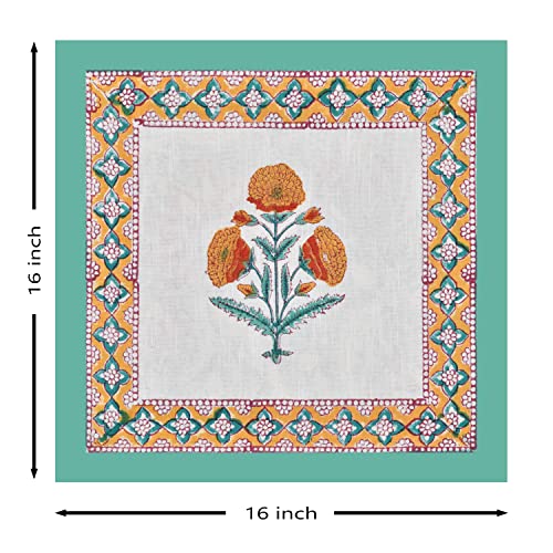 Image of BLOCKS OF INDIA Hand Block Printed Cotton Linen Cushion Cover (16 X 16 Inches) (Green Yellow Motifs), 250 TC
