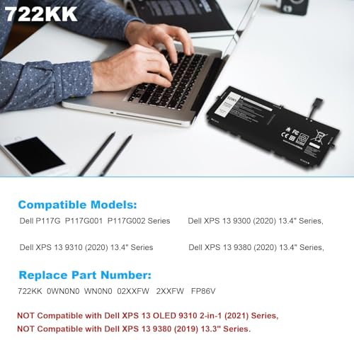 Image of ASUNCELL 52Wh 722KK Laptop Battery Replacement for Dell XPS 13 9300 XPS 13 9310 XPS 13 9380 P117G P117G002 P117G001 Series Notebook 0WN0N0 WN0N0 02XXFW 2XXFW FP86V 7.6V 6800mAh