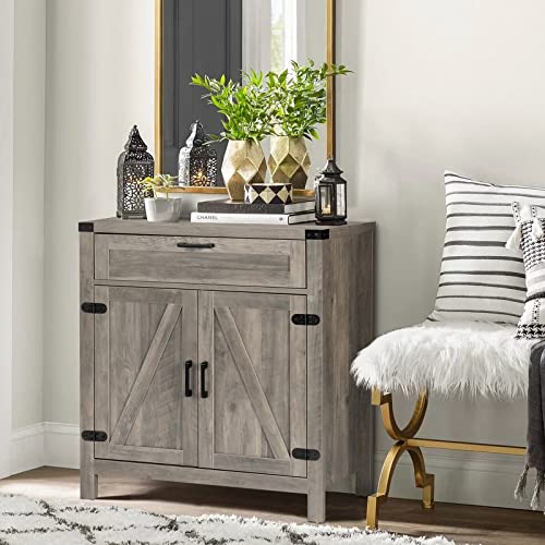 Image of VINGLI Modern Farmhouse Sideboard Buffet Cabinet with Drawer, Storage Cabinet with Doors and Adjustable Shelves, Coffee Bar Station for Kitchen, Dining Room and Living Room, Ash Grey