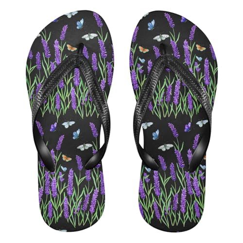 Sinestour Lavender Butterfly Black Flip Flops for Beach Thong Sandals Anti-slip Lightweight Beach Slippers for House Indoor Outdoor