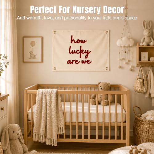 Image of How Lucky Are We Embroidered Banner, Fabric Wall Hanging Decor