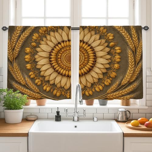 Cortinas de cocina de girasol, cortinas rústicas de otoño con bayas de trigo doradas para ventana de cocina sobre fregadero, 26 x 30 pulgadas