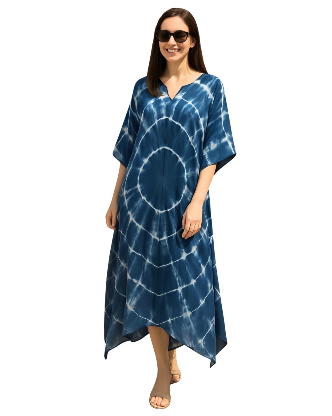 Women Blue Handcrafted Tie & Dye Rayon Crepe Kaftan Dress | Casual Wear | Lightweight & Breathable Fabric-image-14