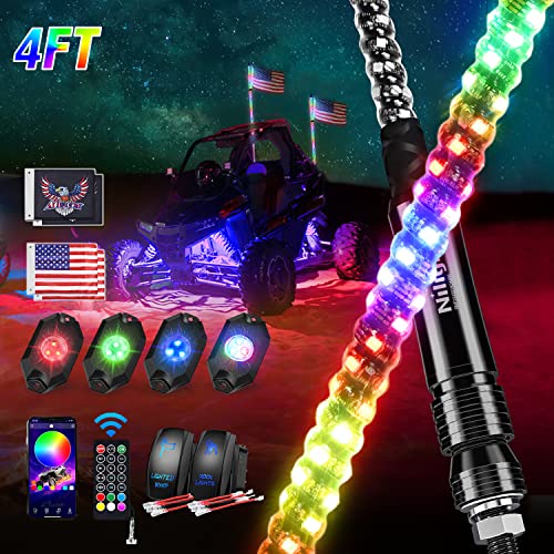 Image of Nilight 2PCS 4FT RGB LED Whip Light and 4 PCS Rock Lights Combo, Remote & App Control w /DIY Chasing Patterns Stop Turn Reverse Safety Antenna Lighted Whips for ATV UTV