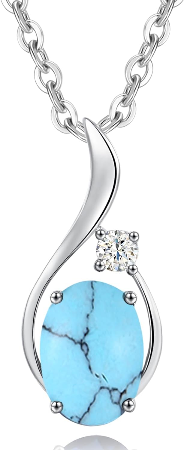 FANCIME 14K Solid White Gold Oval Gemstone Necklace with Diamond Pendant Gifts for Mom Women,16"+2" Inches